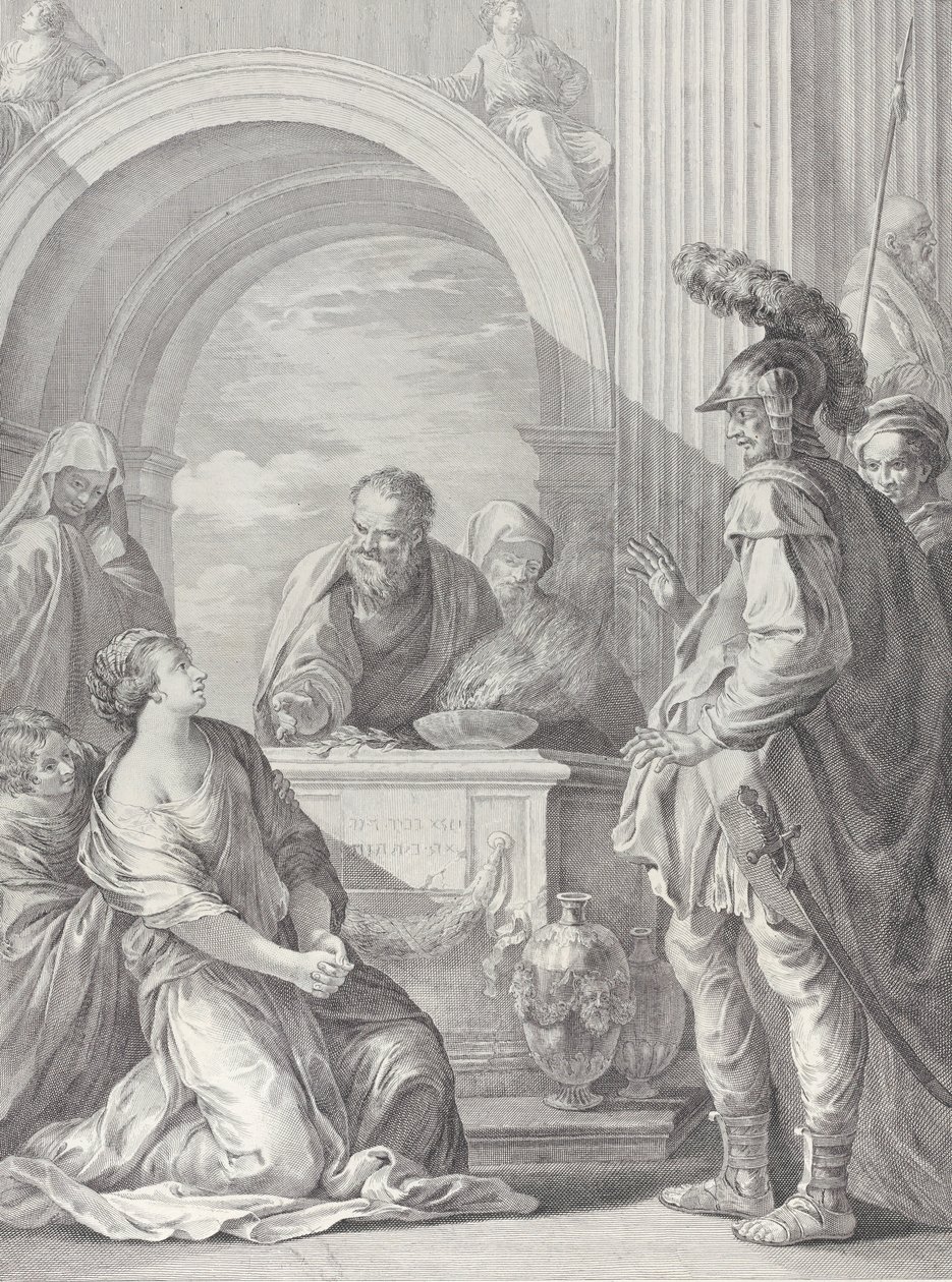 Jefte lánya az áldozati oltárnál térdelve, apjával a jobb oldalon áll..., 1730-50. alkotó: Pietro Monaco