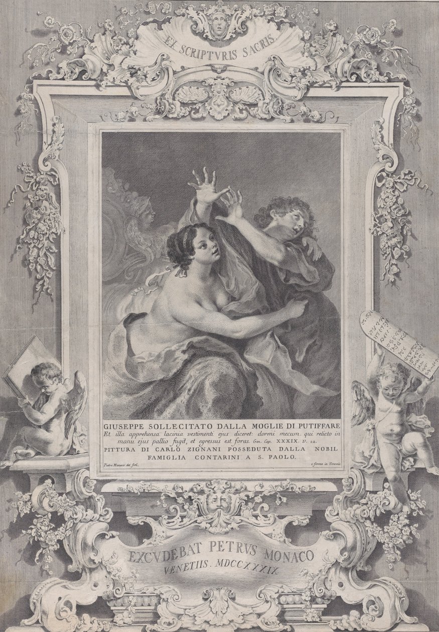 József és Potifár felesége, díszes keretben, 1739. alkotó: Pietro Monaco