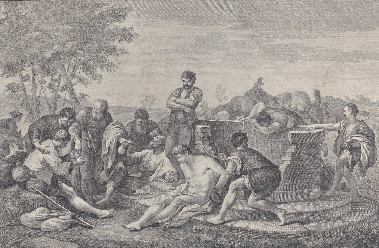Józsefet rabszolgaságba adják testvérei, akik egy kút körül ülnek, amely szétosztja a..., 1730-39. alkotó: Pietro Monaco