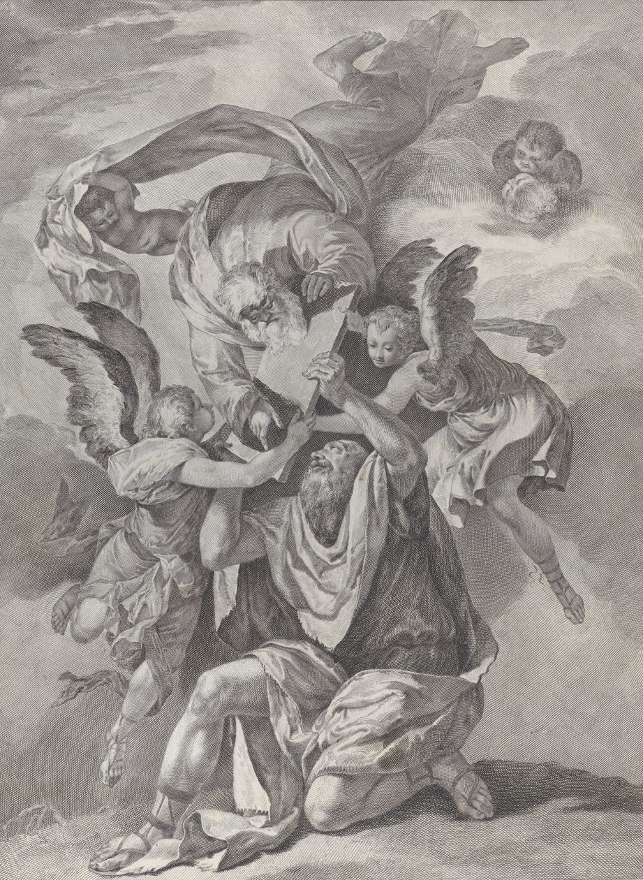 Mózes megkapja a törvény tábláit Istentől, aki az égből száll alá, a..., kb. 1730-39. alkotó: Pietro Monaco