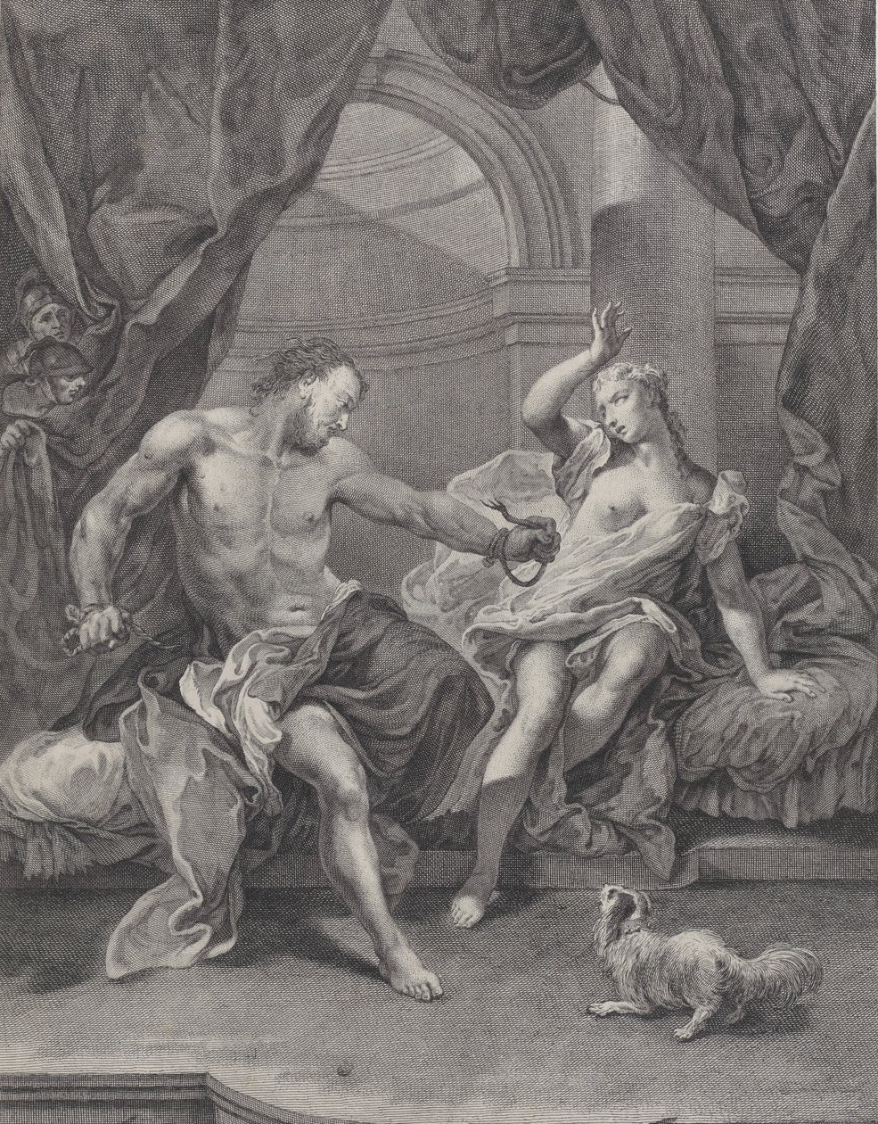 Sámson és Delila egy ágyon ültek, Sámson széttépte a köteleket, amelyek a kezét kötötték..., kb. 1730-39. alkotó: Pietro Monaco