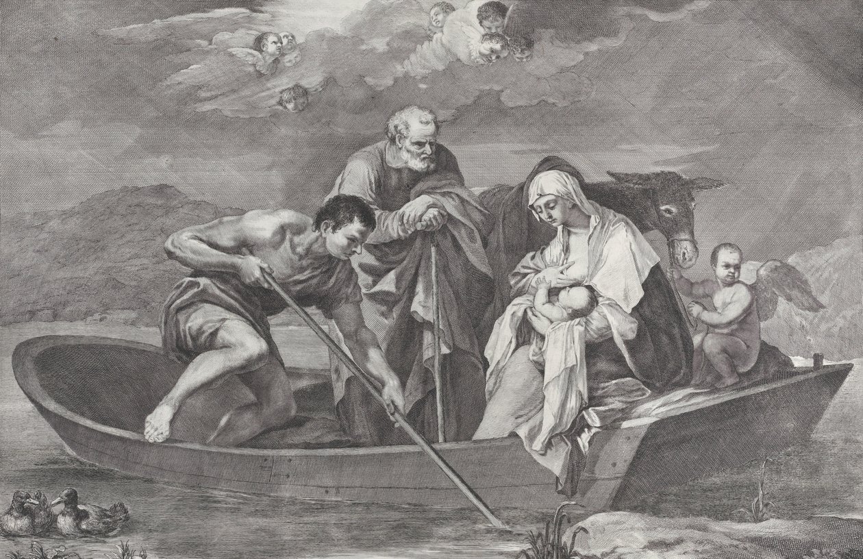 Repülés Egyiptomba, a Szent Családdal egy csónakban, 1730-50. alkotó: Pietro Monaco