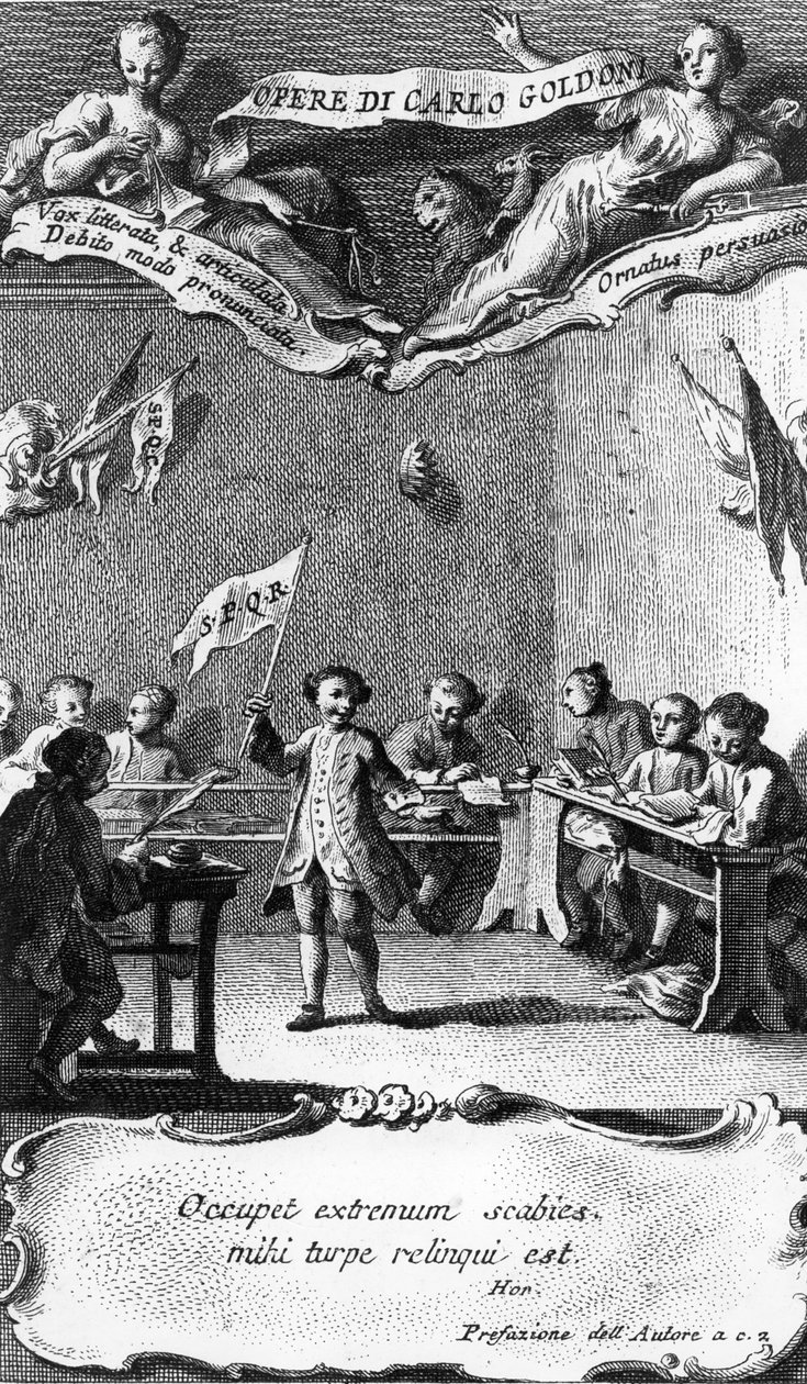 Carlo Goldoni zászlót lengetett a perugiai jezsuita iskolában eltöltött évének ünnepléseként, az „Opere di Carlo Goldoni” című művéből, amelyet Antonio Baratti vésett, 1761 alkotó: Pietro Novelli