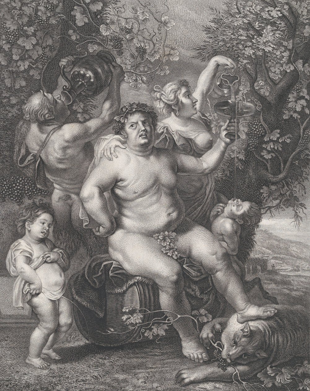Bacchus egy hordón ül a szőlő előtt, bacchantákkal, szatírokkal és gyerekekkel..., 1758. alkotó: Pietro Peiroleri