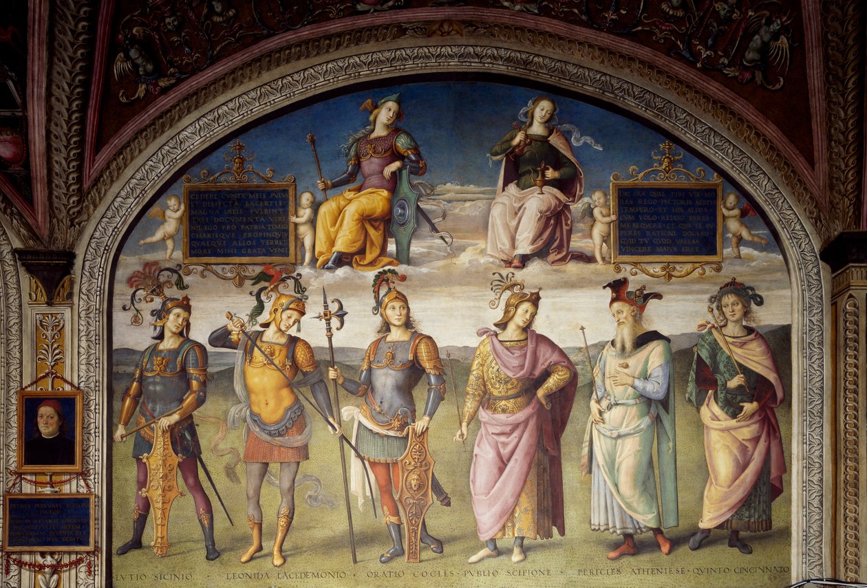 A szilárdság és mértékletesség allegóriái hat antik hőssel alkotó: Pietro Perugino