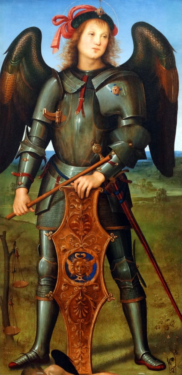 Részlet a „Szűz és gyermek egy angyallal, Rafael arkangyal Tóbiással és Mihály arkangyal” című festményről alkotó: Pietro Perugino