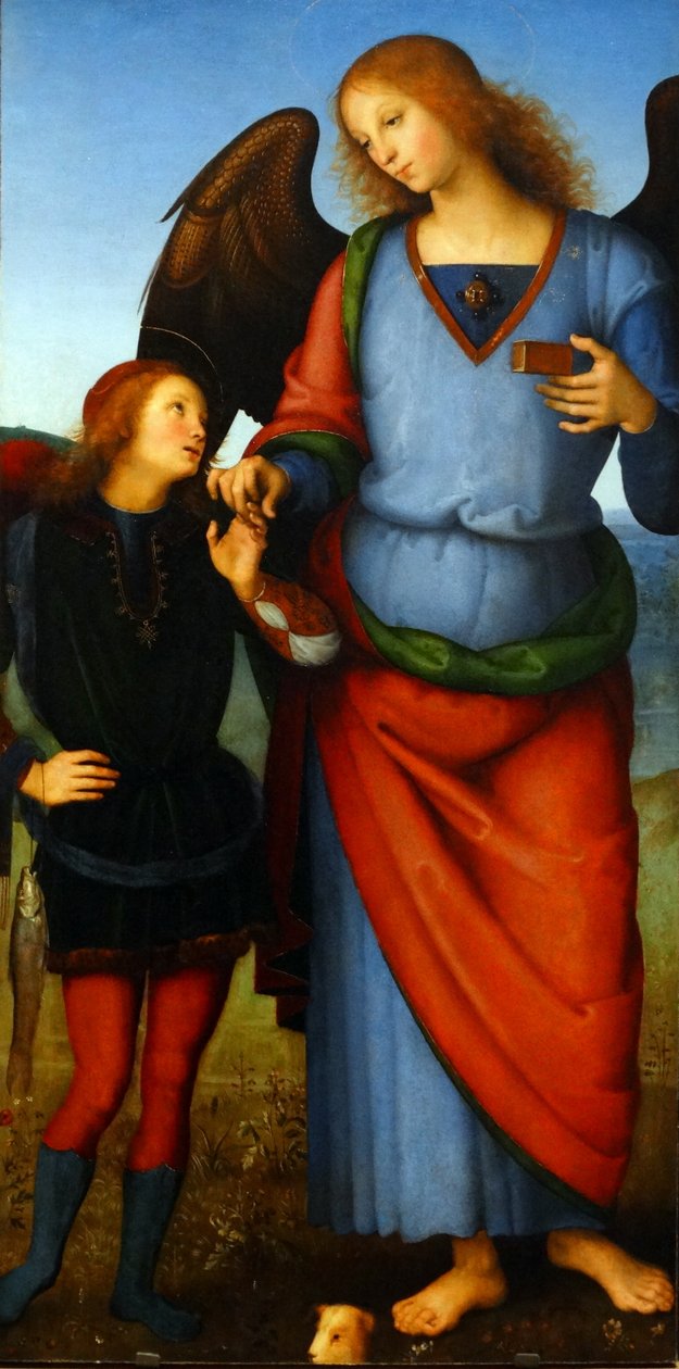 Részlet a „Szűz és gyermek egy angyallal, Rafael arkangyal Tóbiással és Mihály arkangyal” című festményről alkotó: Pietro Perugino