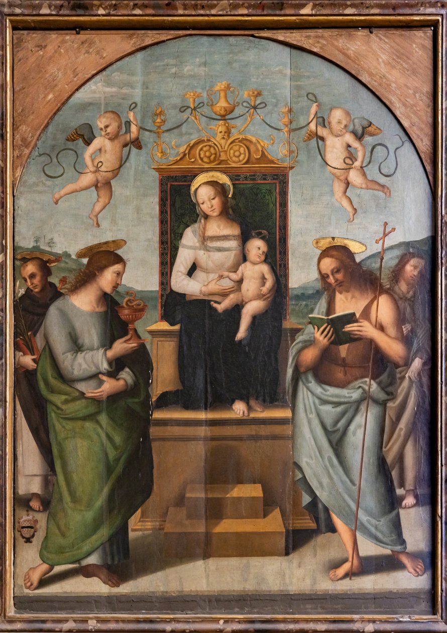 Szent Gervase, Protasio, Pál és Péter között trónolt Szűz alkotó: Pietro Perugino
