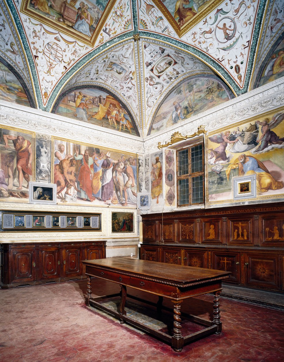 Bepillantás a sekrestyébe perugino panelekkel, Szent Péter-bazilika, Perugia, Umbria, Olaszország alkotó: Pietro Perugino