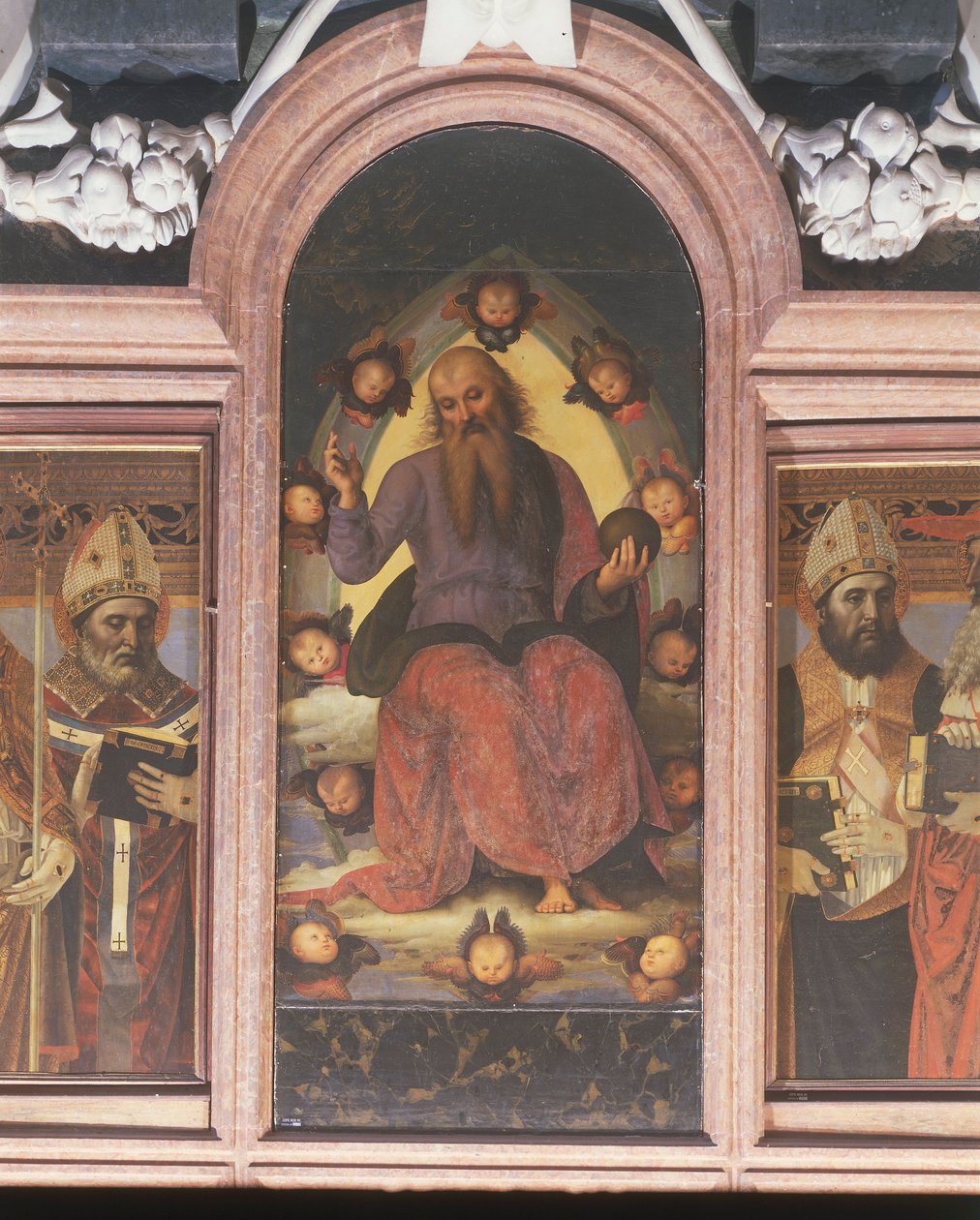 Olaszország, Lombardia, Pavia Charterhouse (Certosa), a második kápolna bal oldalon, poliptichon Benedictory Eternal Atyával, Pietro Vannucci vagy Perugino alkotó: Pietro Perugino