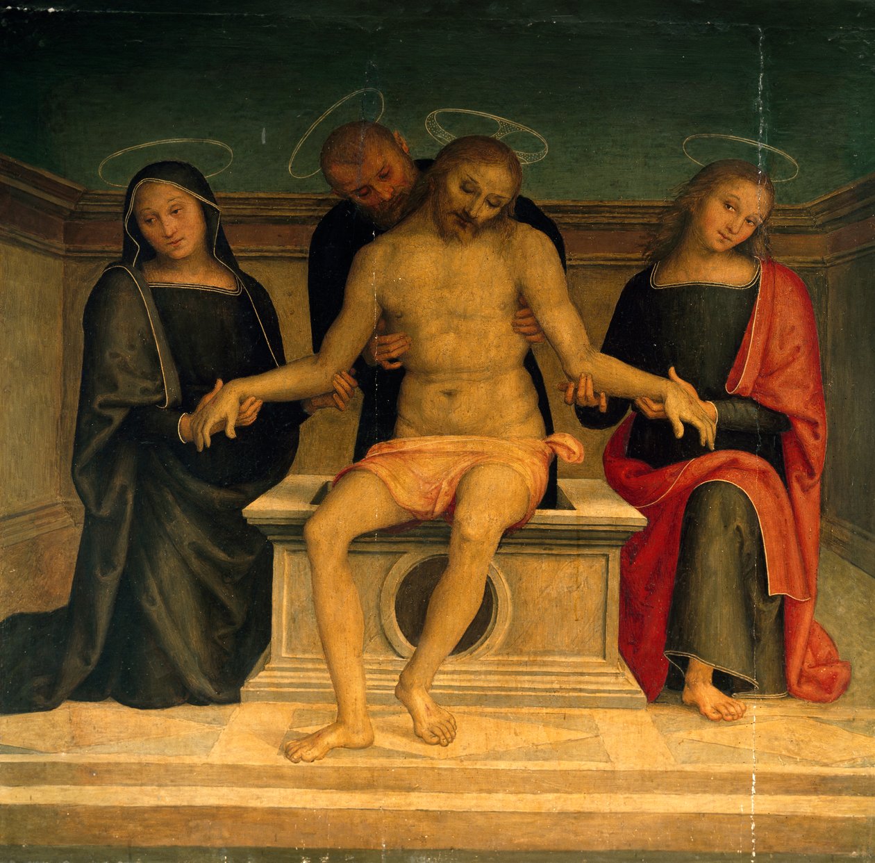 Siralom a halott Krisztus felett, Perugino (kb. 1450-1523), freskó, Szent Péter-bazilika, Perugia, Umbria. Olaszország alkotó: Pietro Perugino