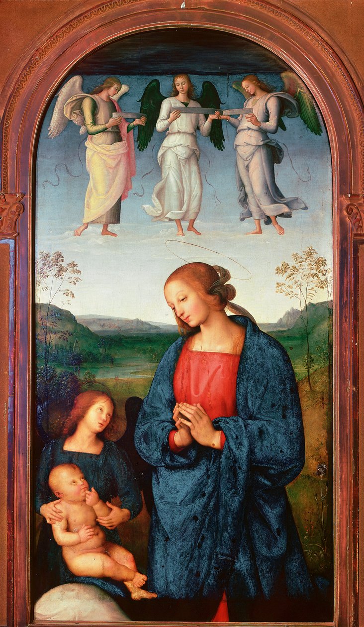 Pavia Chartreuse poliptikusa: „Madonnának van a gyermeke és három angyala”” Pietro Vannucci dit il Perugino festménye (A Perugin alkotó: Pietro Perugino