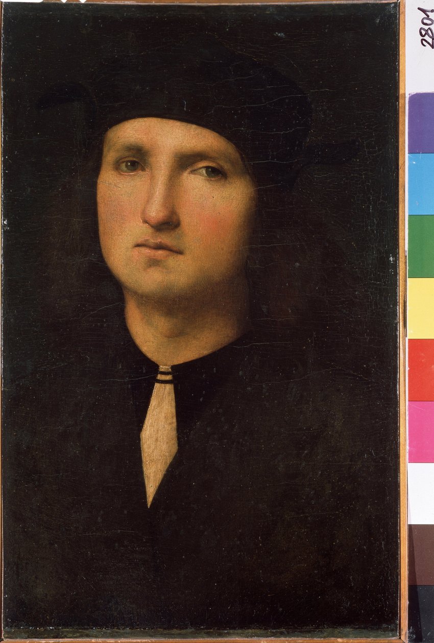 Fiatal férfi portréja (Fiatal férfi portréja). Pietro di Cristoforo Vannucci festménye Pietro Peruginóban (Le Perugin alkotó: Pietro Perugino