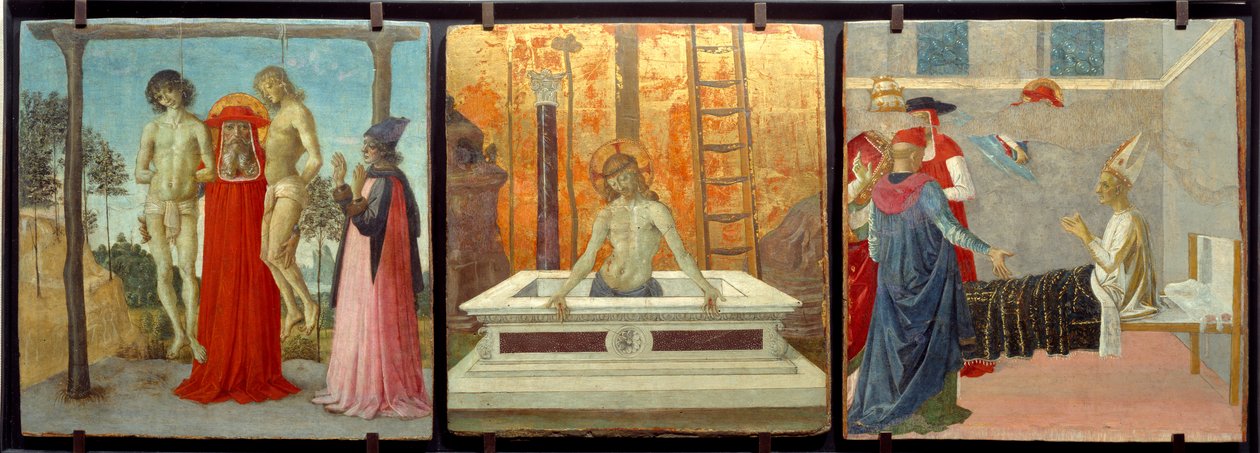 Szent Jeromos két igazságtalanul akasztott fiatal férfit támogat, „Krisztus a sírnál” és „Szent Jeromos feltámasztja Andrea bíborost”. Pietro Vannucci dit il Peruginónak tulajdonított festmény fára (Le Perugin alkotó: Pietro Perugino