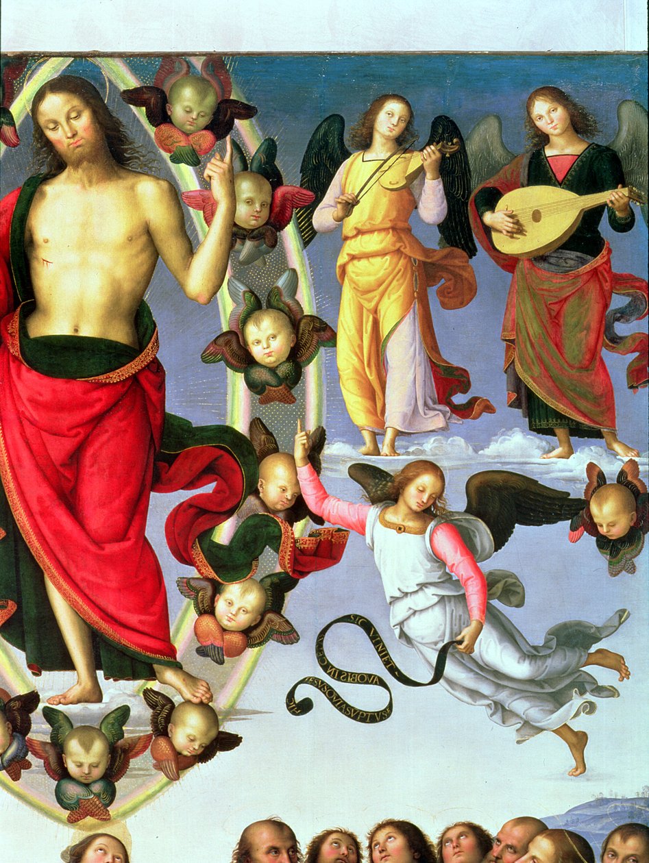 Krisztus mennybemenetele, részlet Krisztusról és zenész angyalokról, jobb felső rész, 1495-98 olaj, 89700-as táblarészlet alkotó: Pietro Perugino