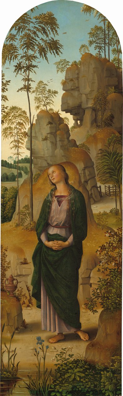 A keresztre feszítés a Szűzanyával, Szent Jánossal, Szent Jeromossal és Szent Mária Magdolnával [jobb oldali panel] alkotó: Pietro Perugino