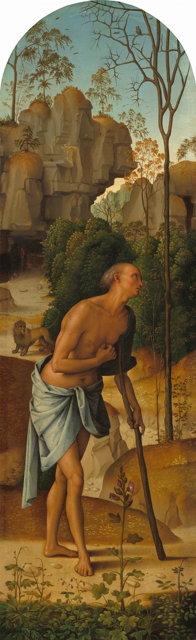 A keresztre feszítés a Szűzanyával, Szent Jánossal, Szent Jeromossal és Szent Mária Magdolnával [bal oldali panel] alkotó: Pietro Perugino