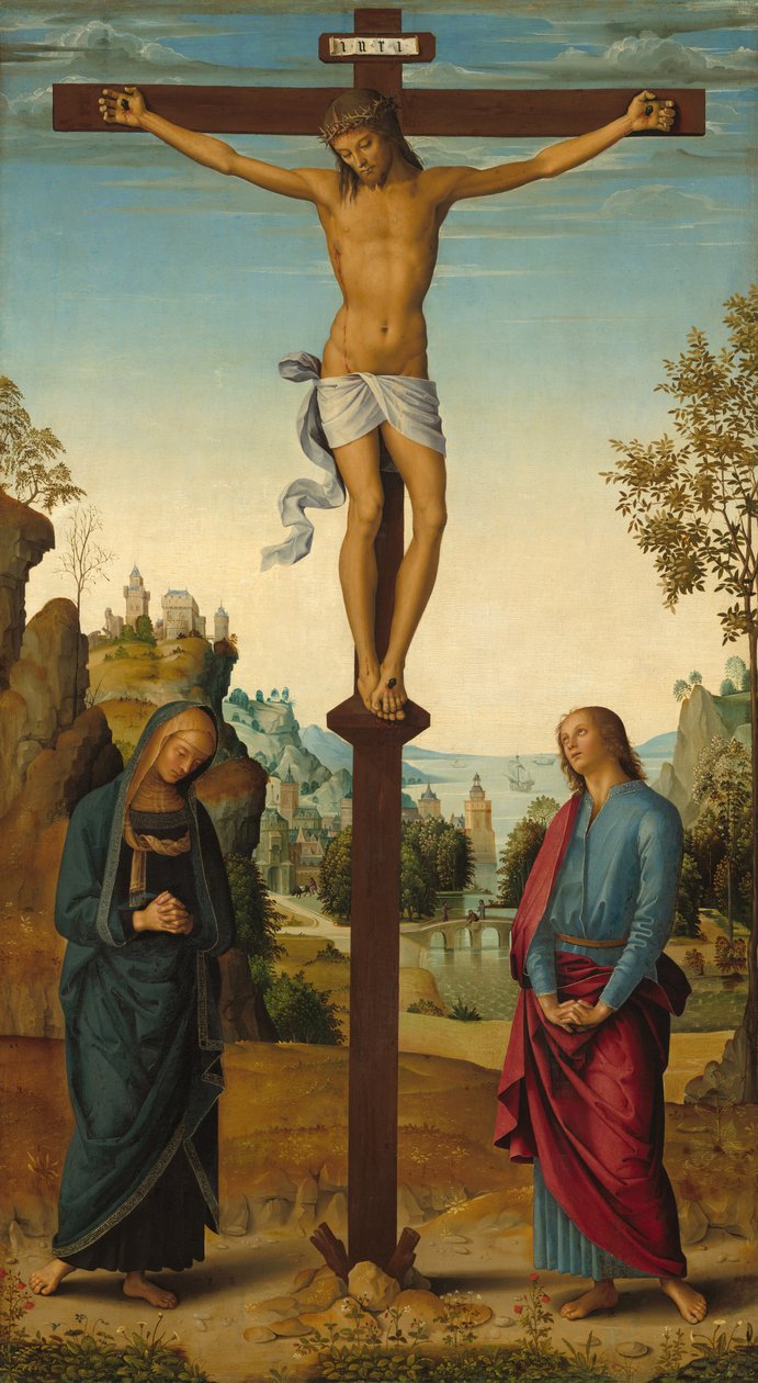 A keresztre feszítés a Szűzanyával, Szent Jánossal, Szent Jeromossal és Szent Mária Magdolnával [középső panel] alkotó: Pietro Perugino