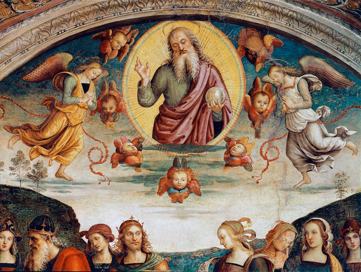 Az Úr próféciákkal és szibillákkal veszi körül, amelyek a Mindenható Urat képviselik. Pietro Vannucci dit il Perugino (Perugin) freskója (1448-1523) 1500 Méret: 229x370 cm Perugia, Collegio del Cambio alkotó: Pietro Perugino
