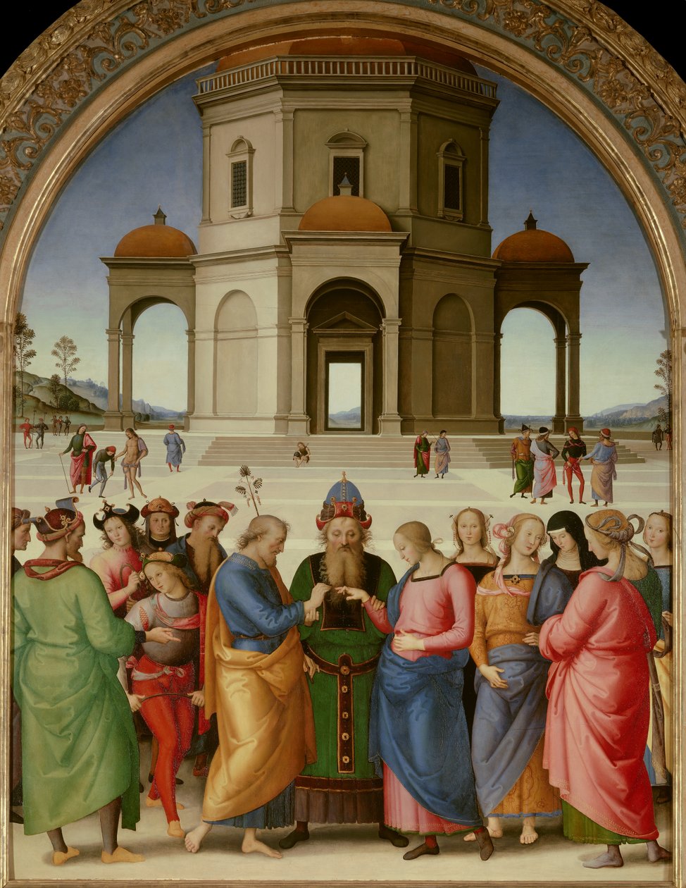 A Szűz házassága Pietro Vannucci dit Il Perugino (A Perugin) festménye (1450-1523) 1504 V. 2,36x1,86 m - Caen, Szépművészeti Múzeum - A Szűz házassága - Pietro Vannucci festménye, Il Perugino (1450-1523), olaj, fa (234 x 18) alkotó: Pietro Perugino