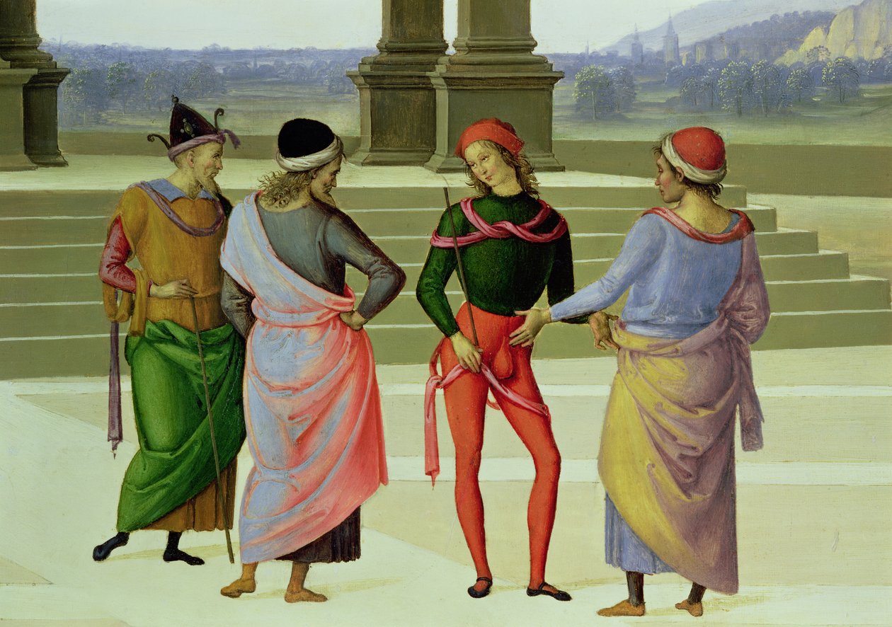 A Szűz házassága, négy beszélgetésben lévő férfi részlete, 1500-04 olaj, vászon, 53750 részlet alkotó: Pietro Perugino