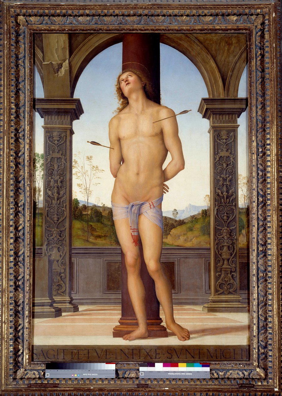 San Sebastian vértanúsága Pietro di Cristoforo Vannucci festménye (Le Perugin vagy Il Perugino) (1446-1523) 16. század V. 1,76x1,16 m - San Sebastian (vagy Szent Sebestyén) mártíromsága. Pietro festménye, Cristoforo Vannucci (Il Perugino vagy Le alkotó: Pietro Perugino