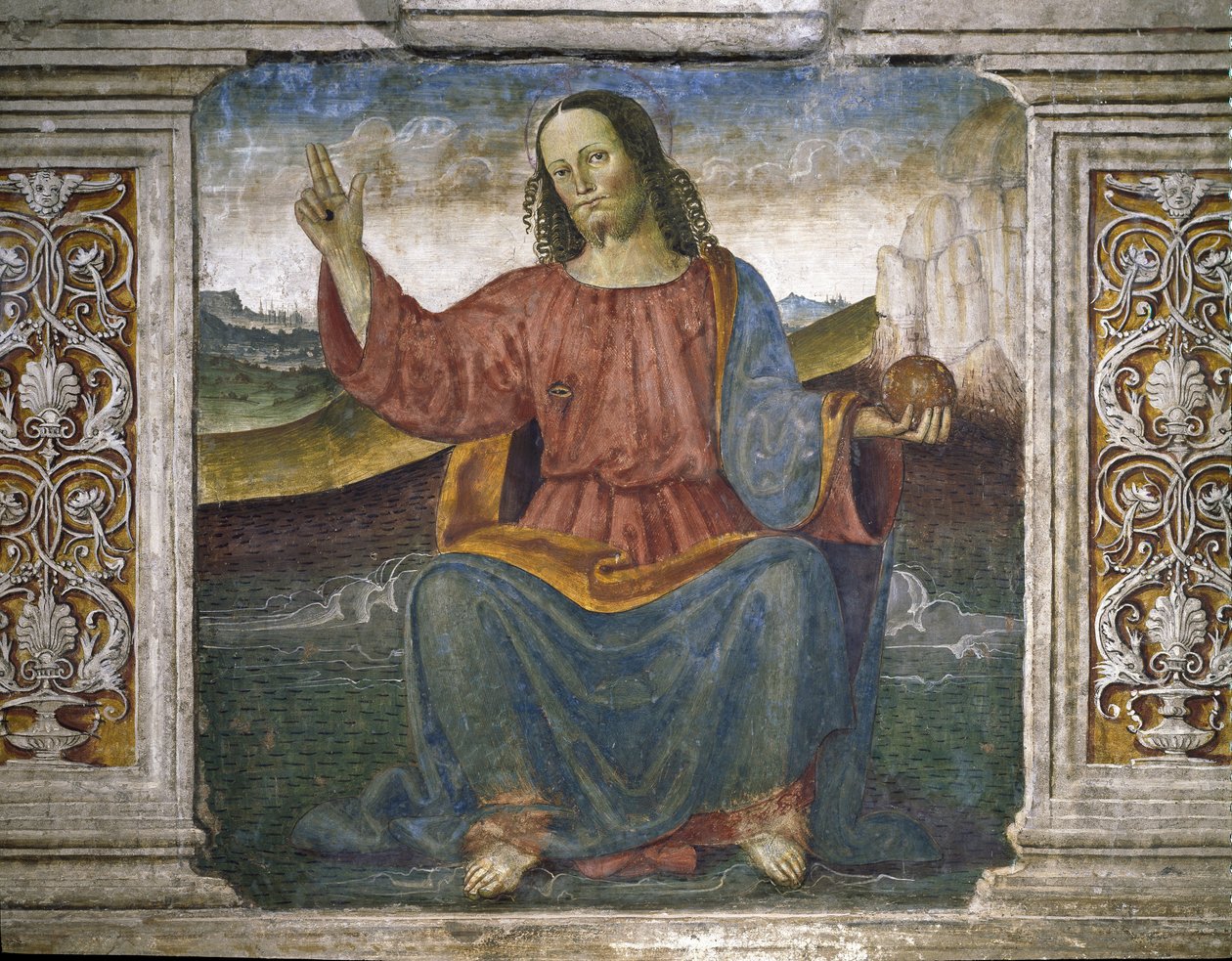 A Megváltó, Jézus tartja a földgömböt, és áldásként felemeli a kezét (Freskó alkotó: Pietro Perugino