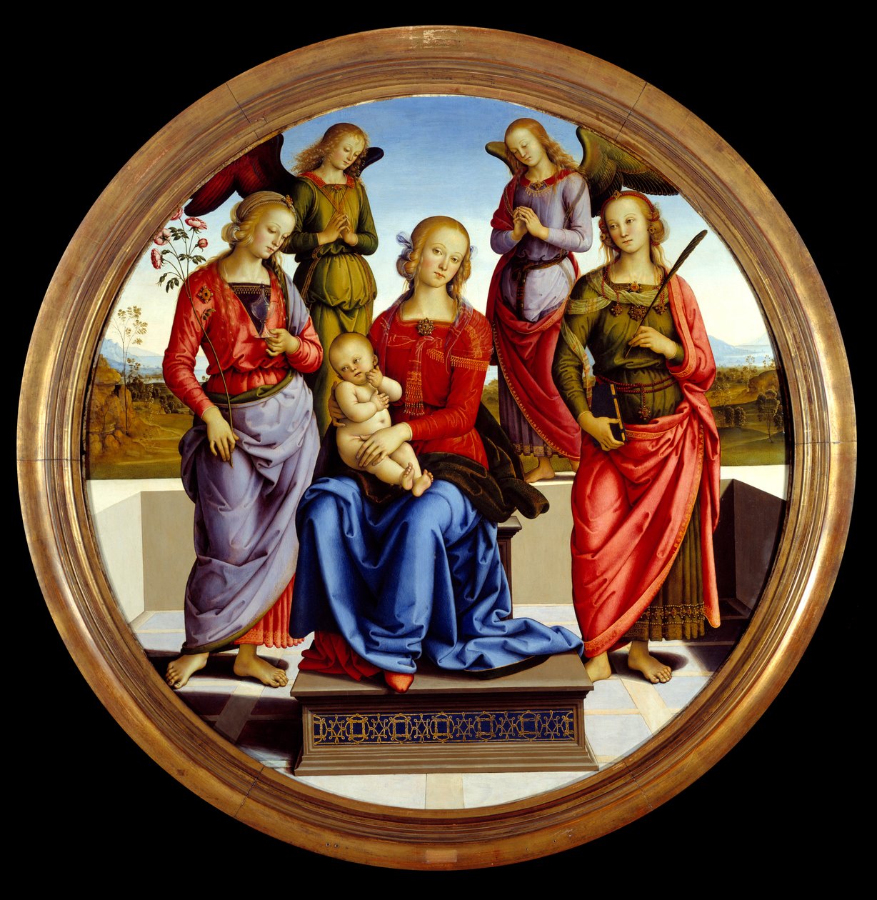 A Szűz és a gyermek, akit két angyal vesz körül, Szent Rózsa és Szent Katalin. Pietro Vannucci dit il Perugino festménye (A Perugin alkotó: Pietro Perugino