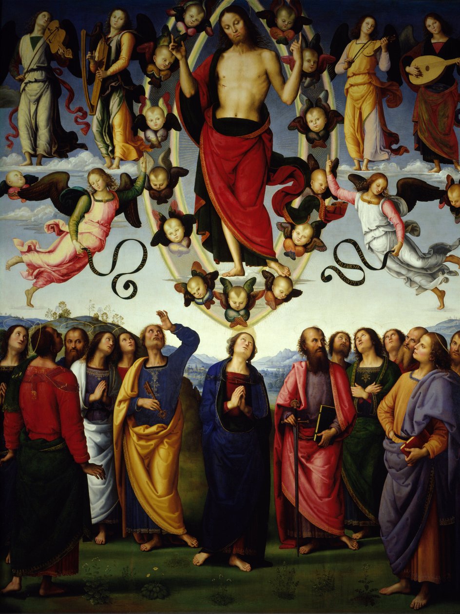 Krisztus Jézus Krisztus mennybemenetelét egy mandorla ábrázolja. Részlet. Pietro Vannucci festménye az Il Perugino-ban alkotó: Pietro Perugino