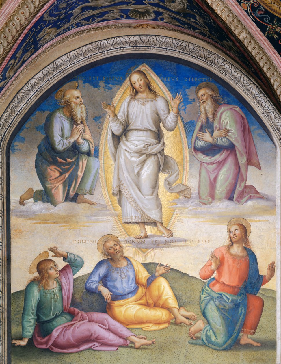 Az átváltoztatás: A fehérbe öltözött Krisztust Mózes és Illés veszi körül, alatta János apostol, Péter és Jakab alkotó: Pietro Perugino