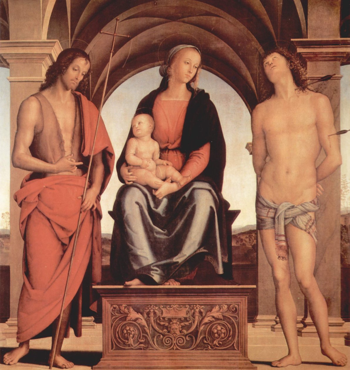 Madonna Keresztelő Szent Jánossal és Szent Sebestyénnel trónolt alkotó: Pietro Perugino