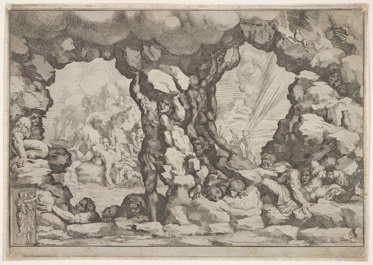 Egy óriás, amely középen egy sziklát hord, más óriások balra és jobbra küszködnek és visszatalálnak..., kb. 1680. alkotó: Pietro Santi Bartoli