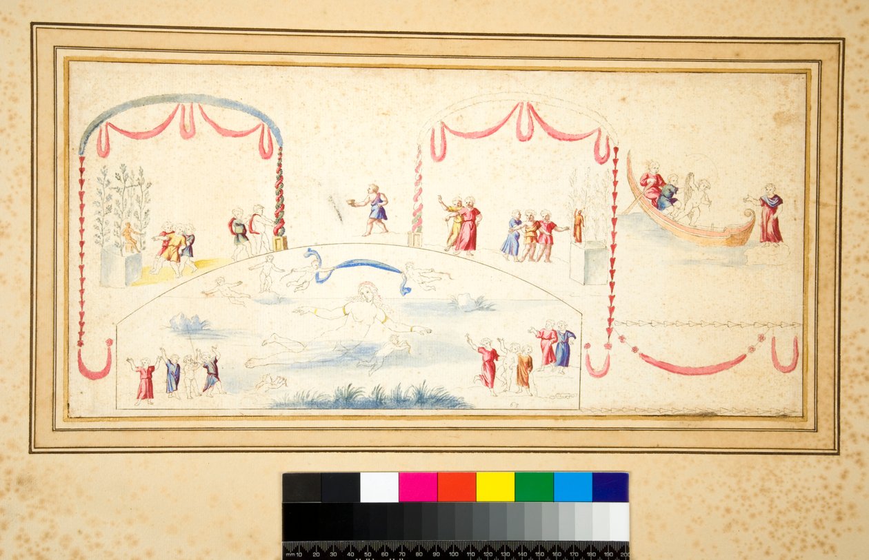 Aphrodité úszik, körülötte számos putty (fekete kréta, néhány tollal és barna tintával. Akvarellel színezve) alkotó: Pietro Santi Bartoli
