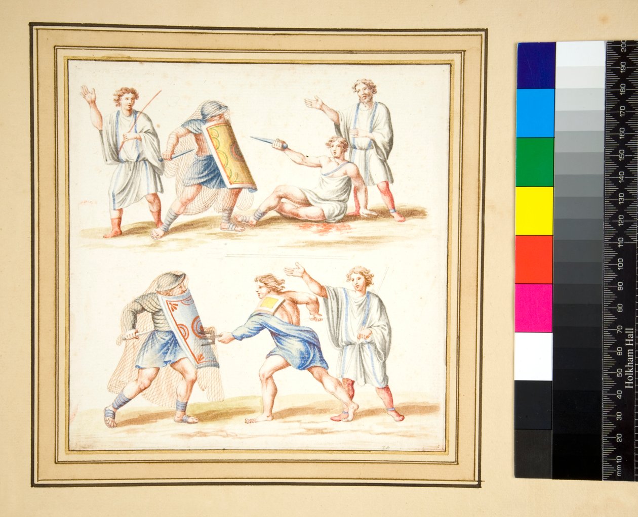 Egy secutor és egy retiariu közötti harc mozaikjának másolata (fekete kréta, néhány tollal és barna tintával. Akvarellel színezve) alkotó: Pietro Santi Bartoli