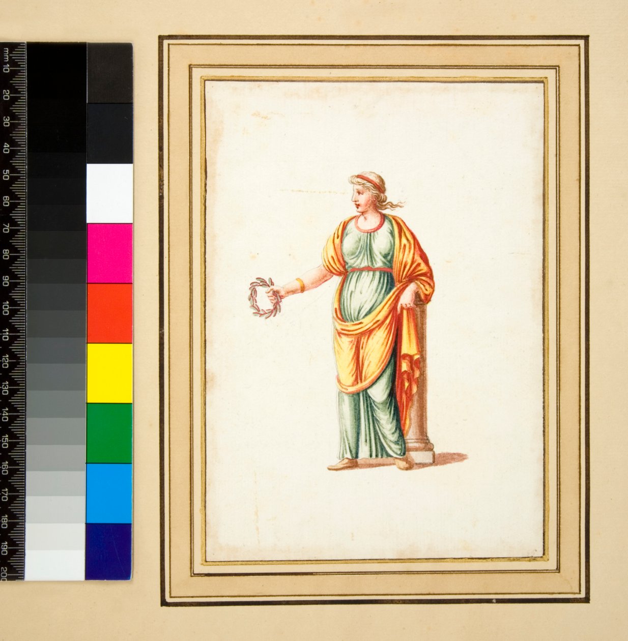 Női alak a nézőtől balra fordulva (fekete kréta, némelyik tollal és barna tintával. Akvarellel színezett) alkotó: Pietro Santi Bartoli