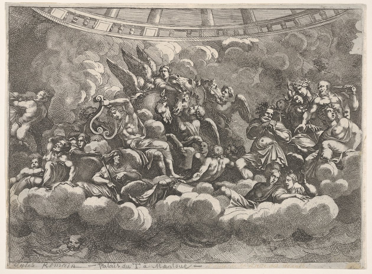 Különböző olümposzi istenek és mitológiai alakok gyülekezése a felhők között, Apollo at ce..., kb. 1680. alkotó: Pietro Santi Bartoli