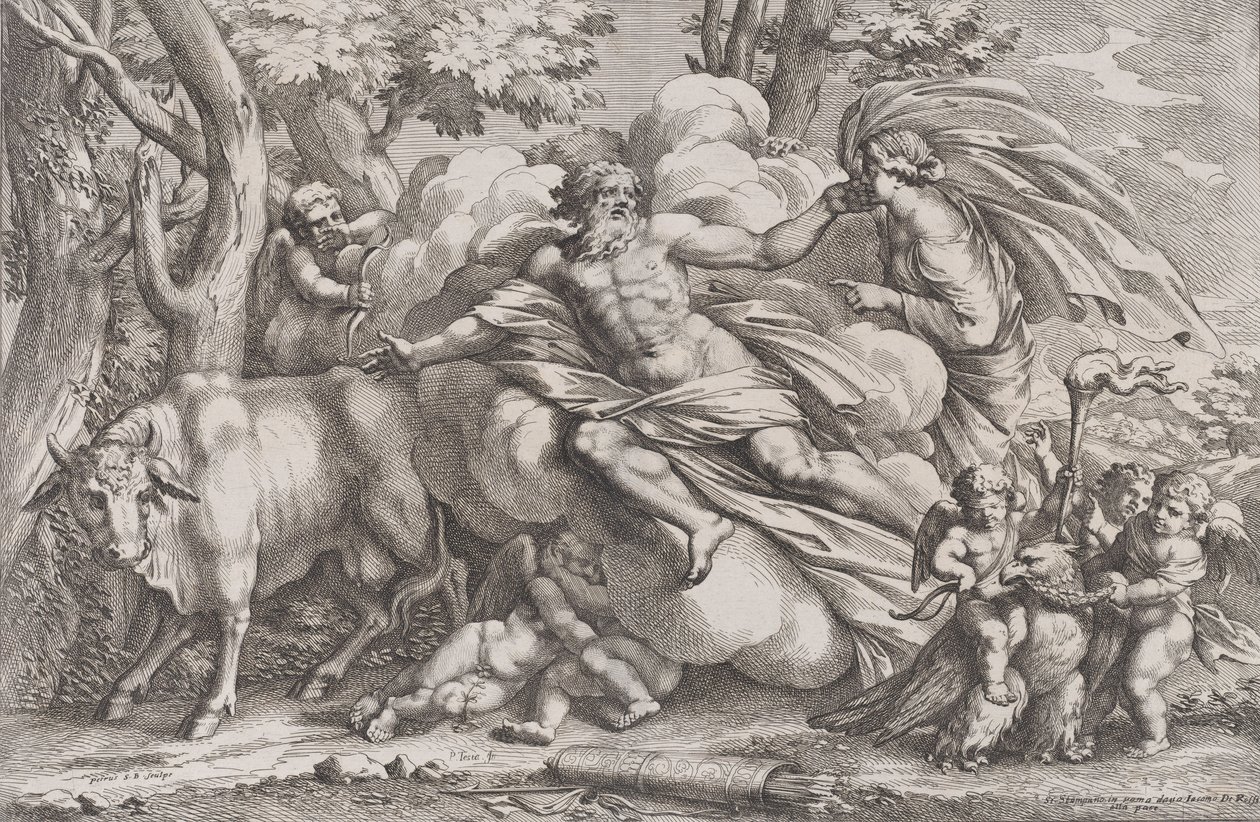 Io balról tehénként, Jupiter felhőn középen, Juno jobbra pu...-val, 1650-90. alkotó: Pietro Santi Bartoli