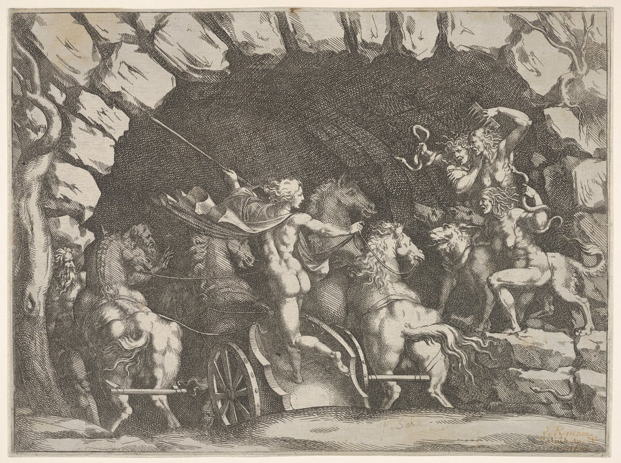 A Plútó, hátulról nézve, kocsiján belép az Alvilágba, Cerberus és három Fu..., kb. 1680. alkotó: Pietro Santi Bartoli