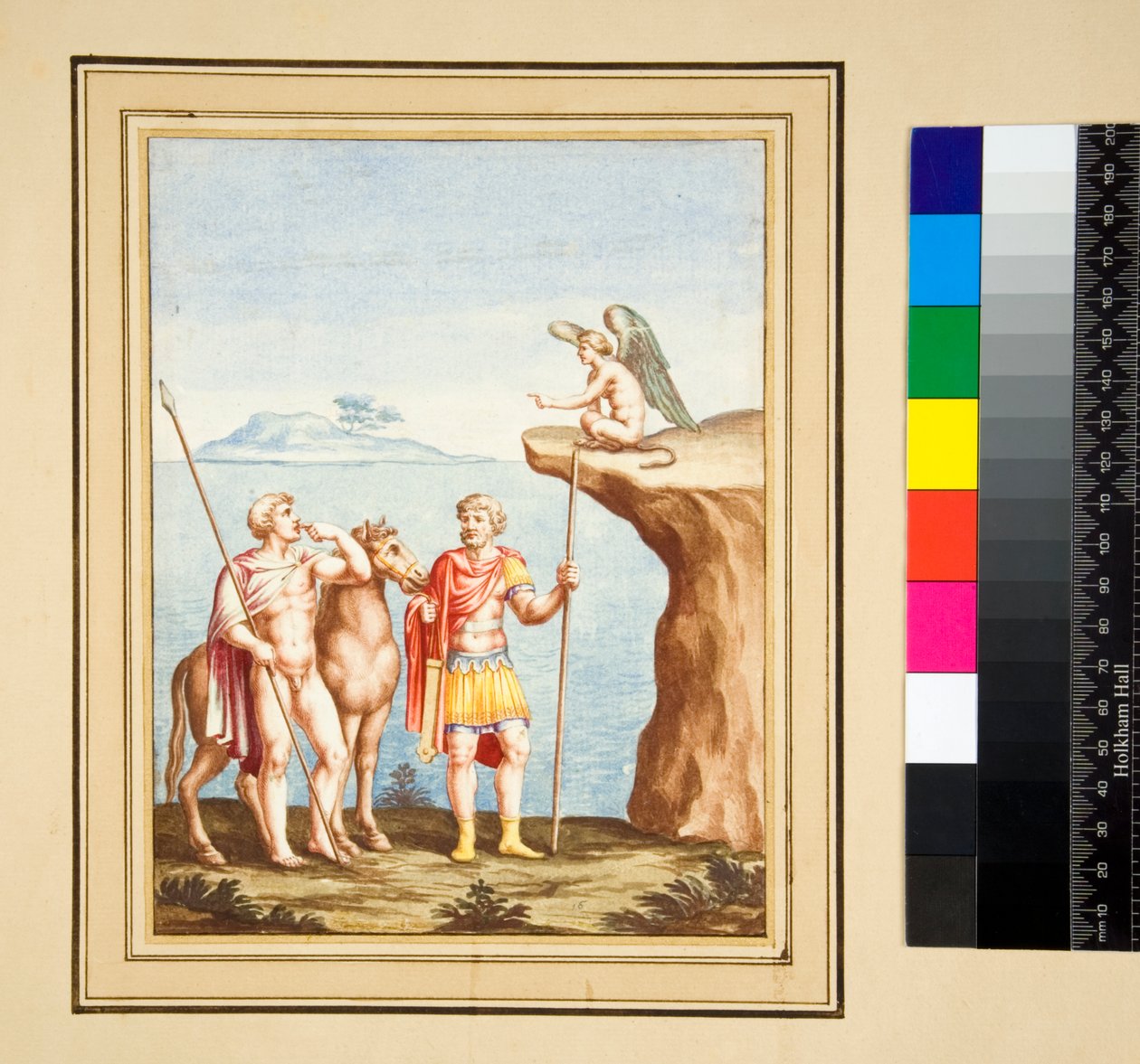 Két figura és egy szfinx (fekete kréta, némelyik tollal és barna tintával. Akvarellel színezve) alkotó: Pietro Santi Bartoli
