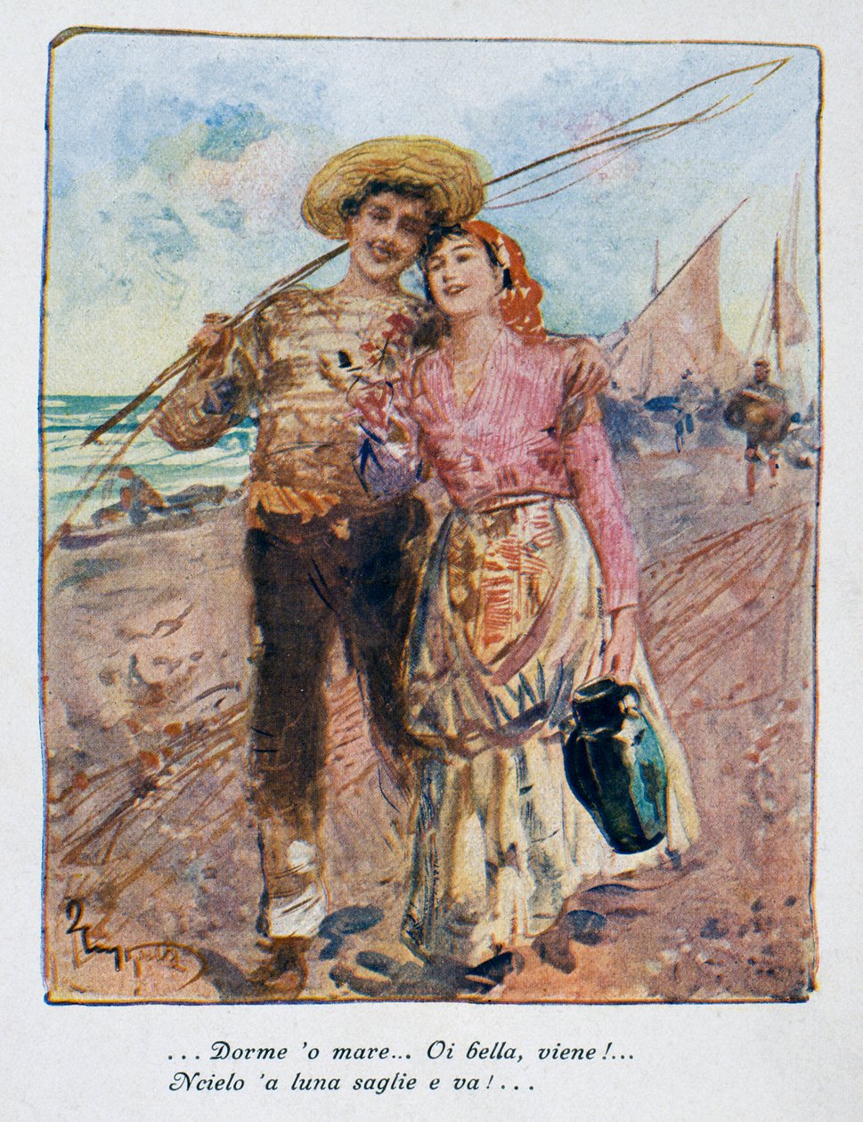 Vissza a horgászatból, Pietro Scoppetta (1863-1920) illusztrációja, Olaszország, XX. század alkotó: Pietro Scoppetta