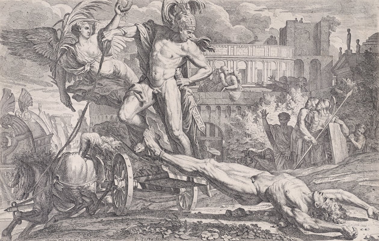 Akhilleusz Hektor holttestét vonszolja Trója falai körül, 1648-50. alkotó: Pietro Testa