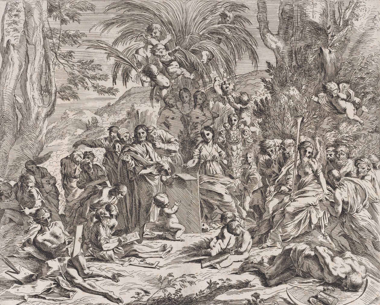 A festészet allegóriája, aki gyerekként a bal középen táblára rajzol, körbe..., 1637-38. alkotó: Pietro Testa