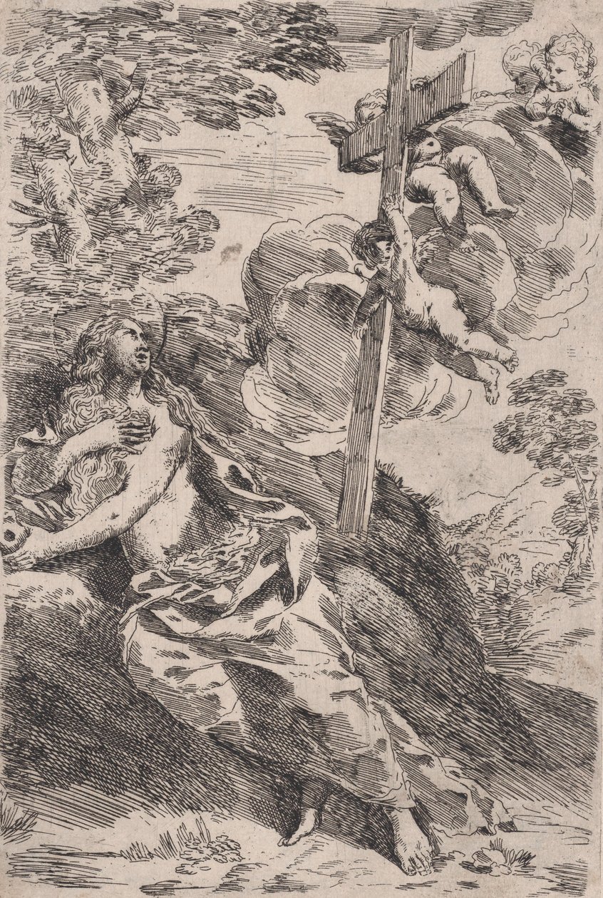 Mária Magdolna a sivatagban, jobbról angyalok által hordozott kereszt, kb. 1630. alkotó: Pietro Testa