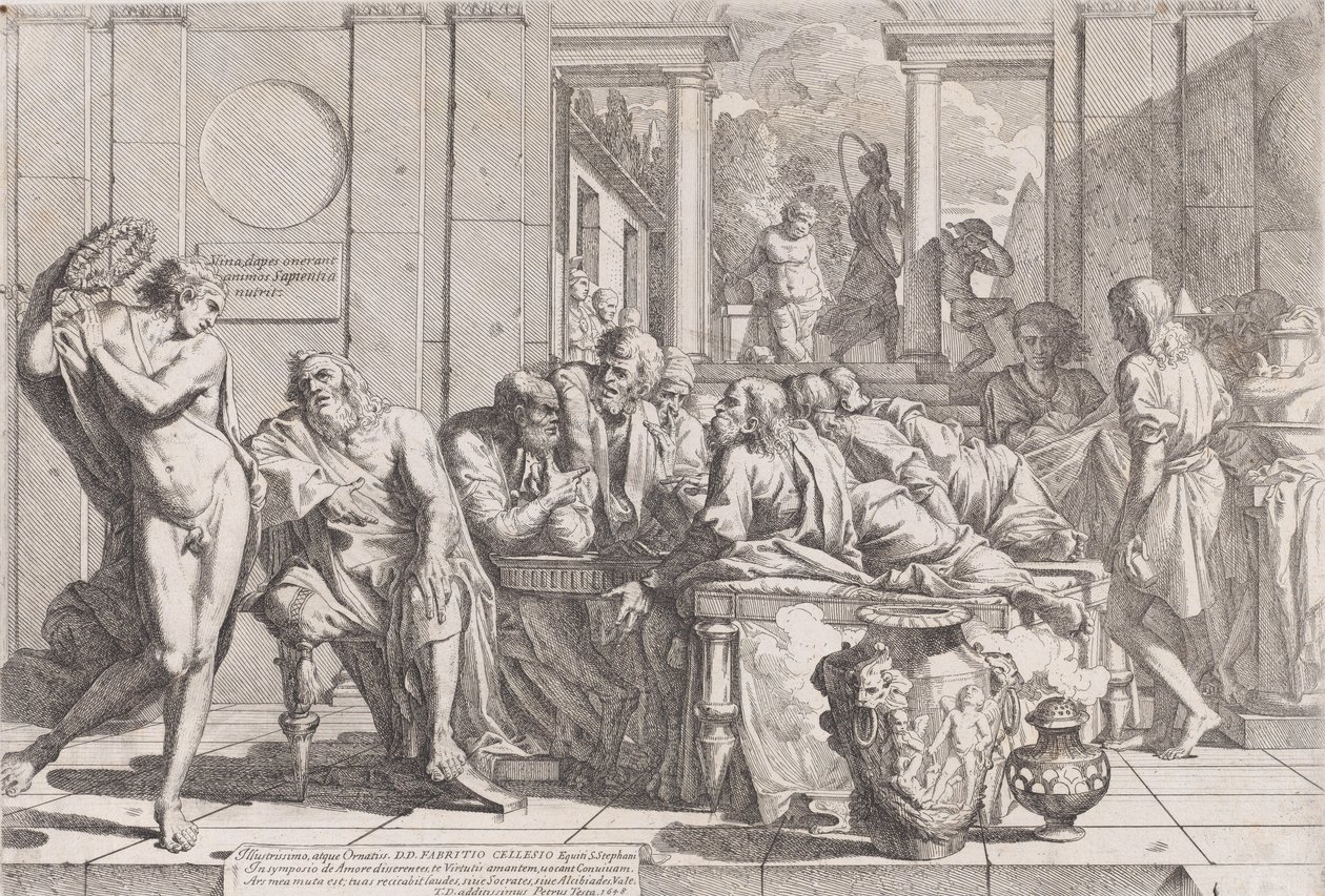 Platón szimpóziuma: Szókratész és társai egy asztal körül ülve az ideális szerelemről beszélgetnek..., 1648. alkotó: Pietro Testa