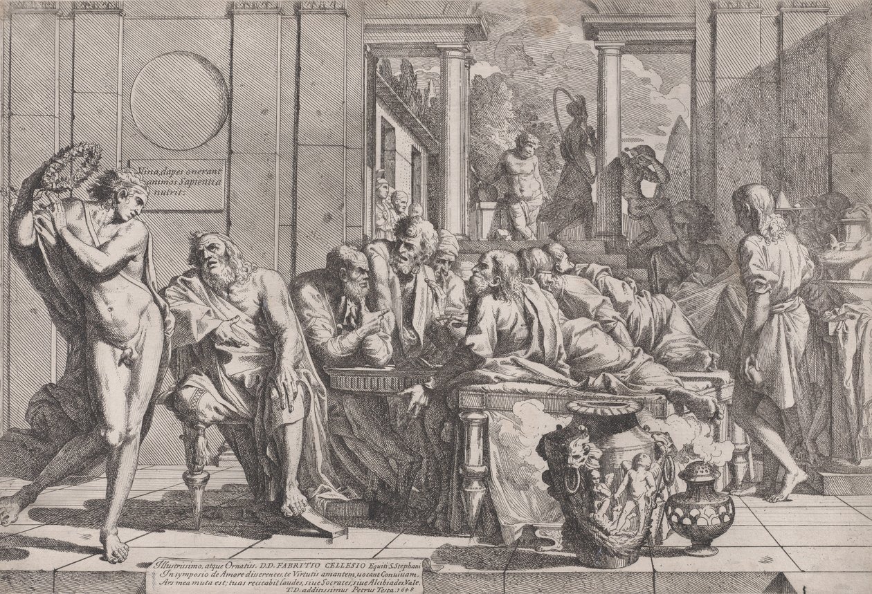 Platón szimpóziuma: Szókratész és társai egy asztal körül ülve az ideális szerelemről beszélgetnek..., 1648. alkotó: Pietro Testa