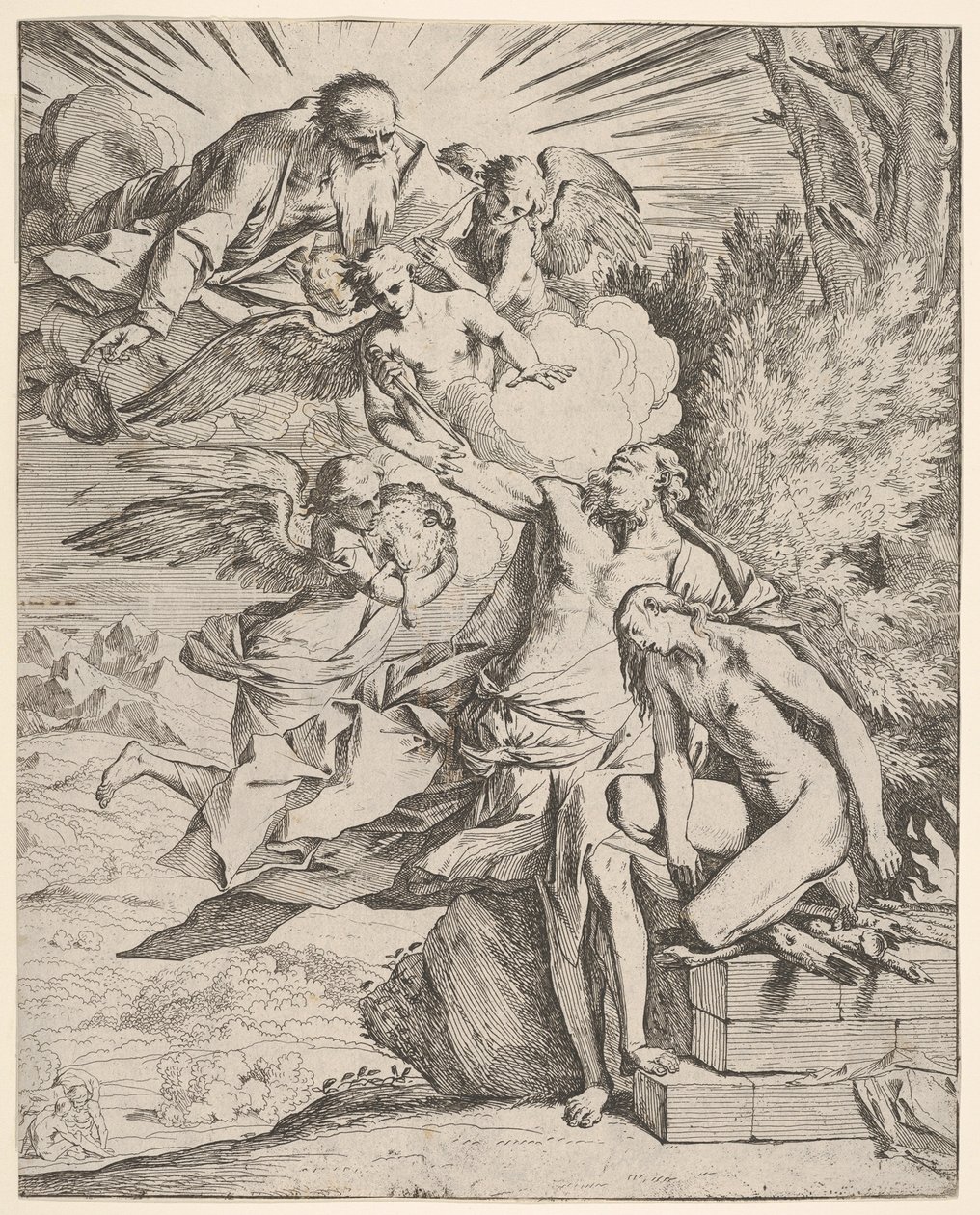 Izsák feláldozása: egy angyal nyomódik Ábrahám tőrt hordozó karjához, aki ..., 1645-50 körül. alkotó: Pietro Testa