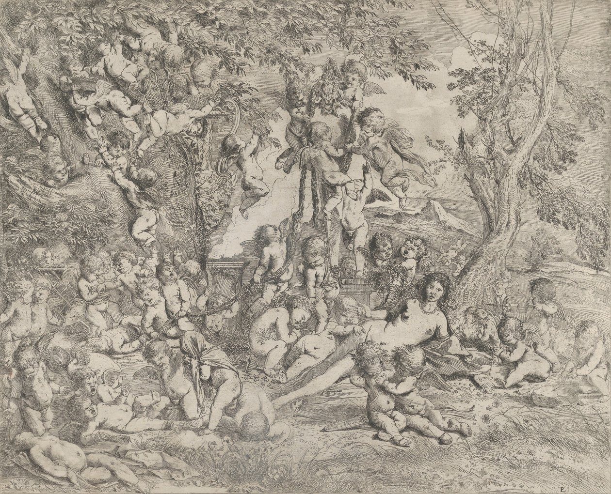 A Vénusz kertje, aki a központban dől a Pán hermája előtt, és körülveszi ..., kb. 1631-37. alkotó: Pietro Testa