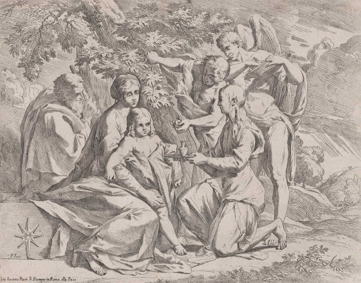 Az angyalok által táplált Szent Család, kb. 1642-44. alkotó: Pietro Testa