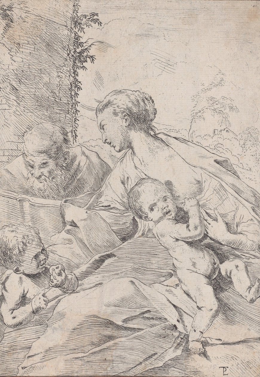 A Szent Család a csecsemő Szent Jánossal, aki almát tart, kb. 1630. alkotó: Pietro Testa