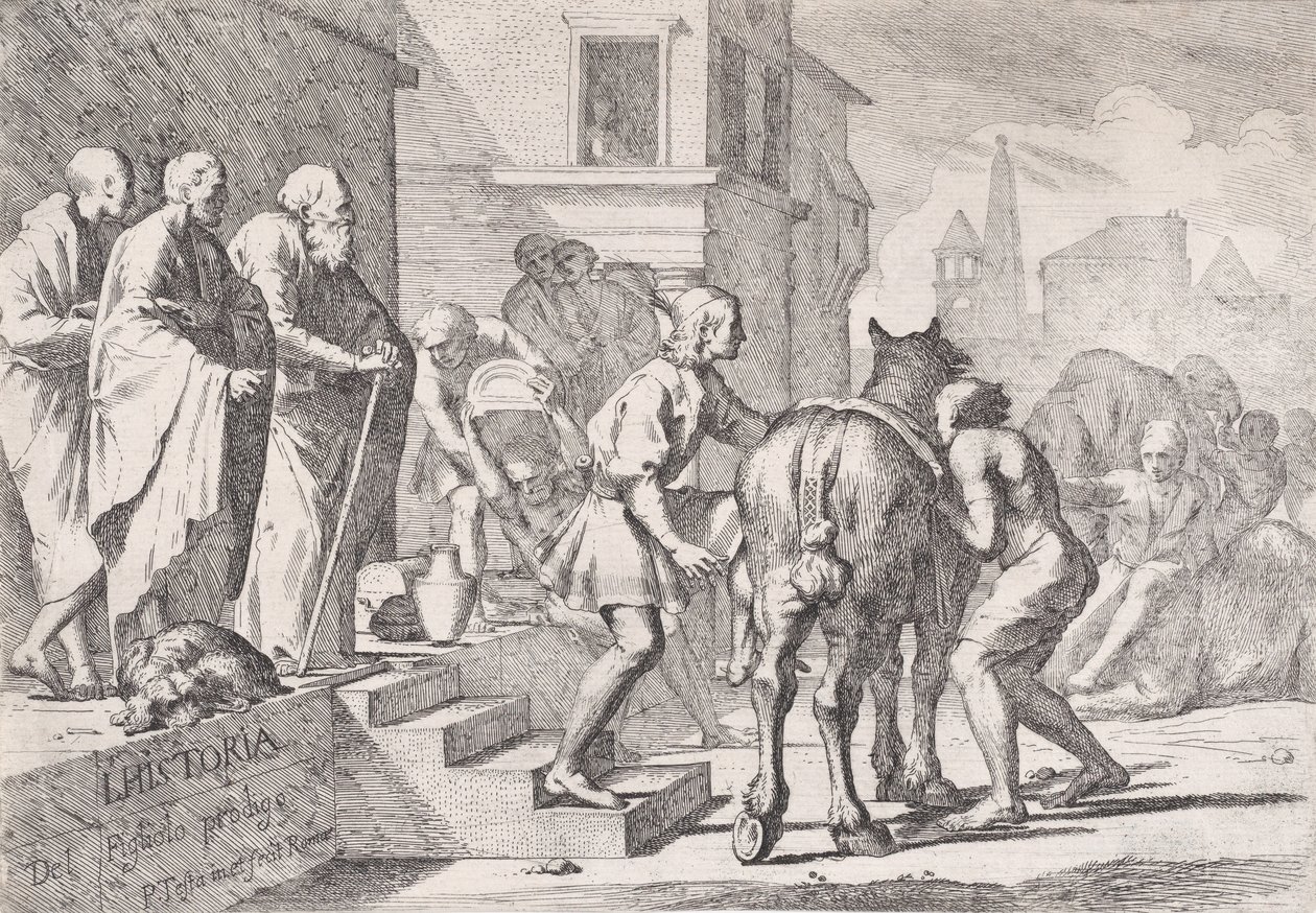 A lóra ülni készülő tékozló fiú távozása egy négyes sorozatból..., kb. 1645. alkotó: Pietro Testa